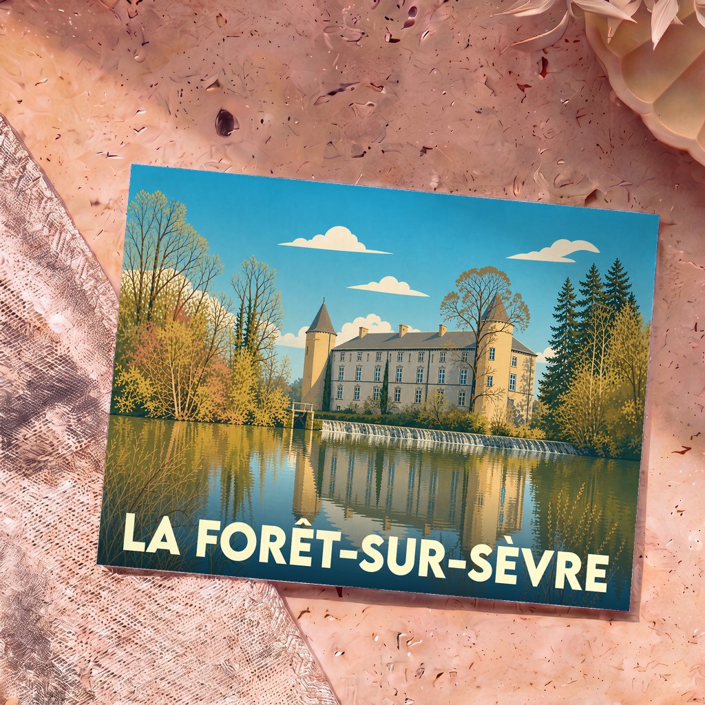 Carte postale souvenir de la ville de La Forêt-sur-Sèvre illustrant son château au bord de l'eau dans un style rétro.