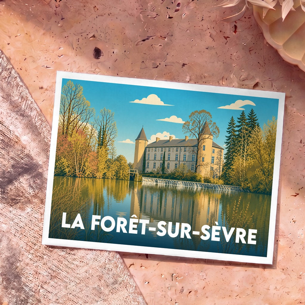 Carte postale souvenir de la ville de La Forêt-sur-Sèvre illustrant son château au bord de l'eau dans un style rétro.