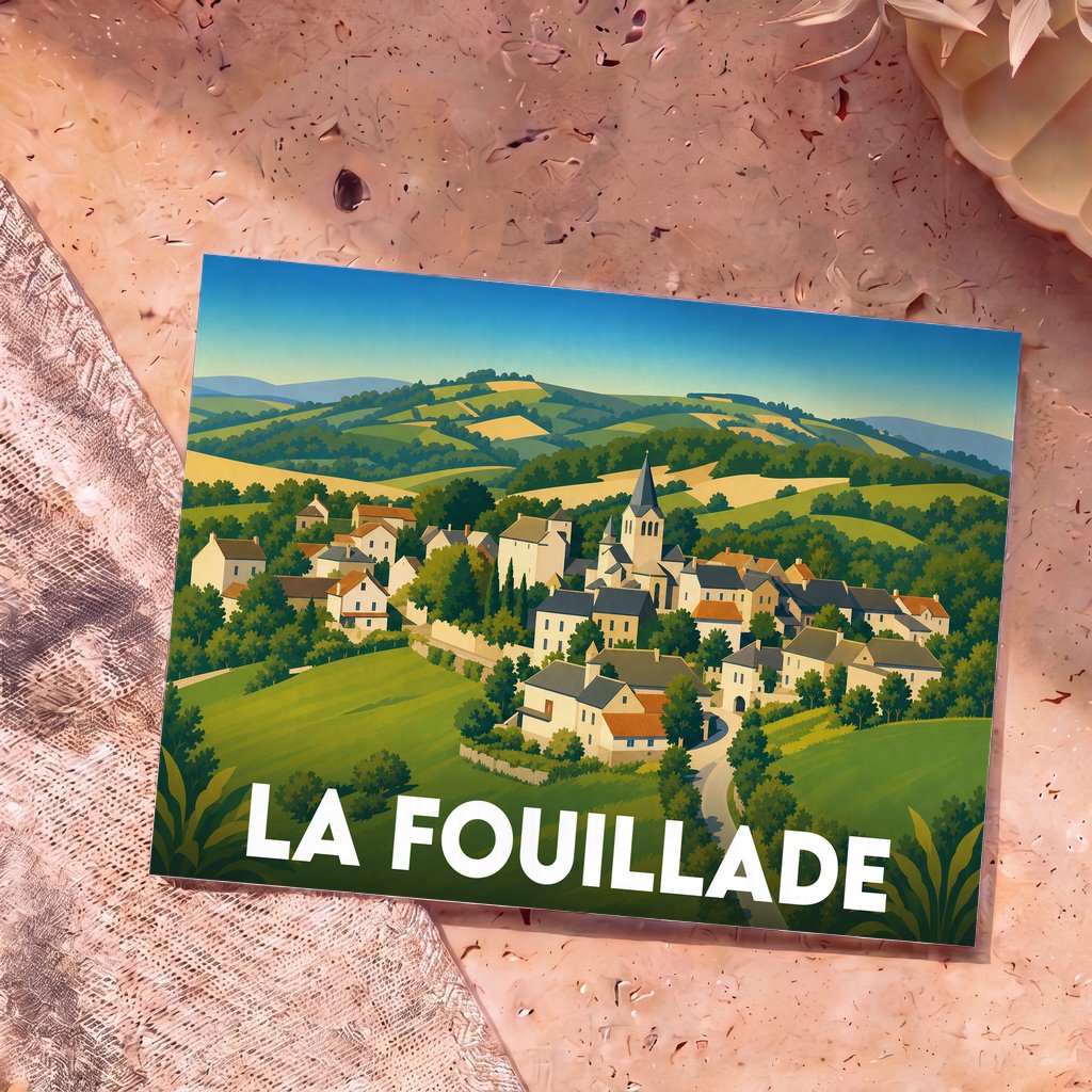 Carte postale souvenir de la ville de La Fouillade avec une illustration stylisée de son paysage vallonné.