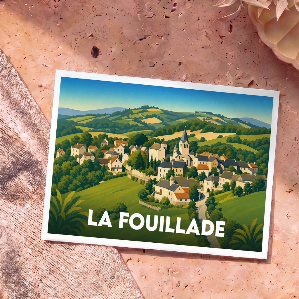 Carte postale souvenir de la ville de La Fouillade avec une illustration stylisée de son paysage vallonné.