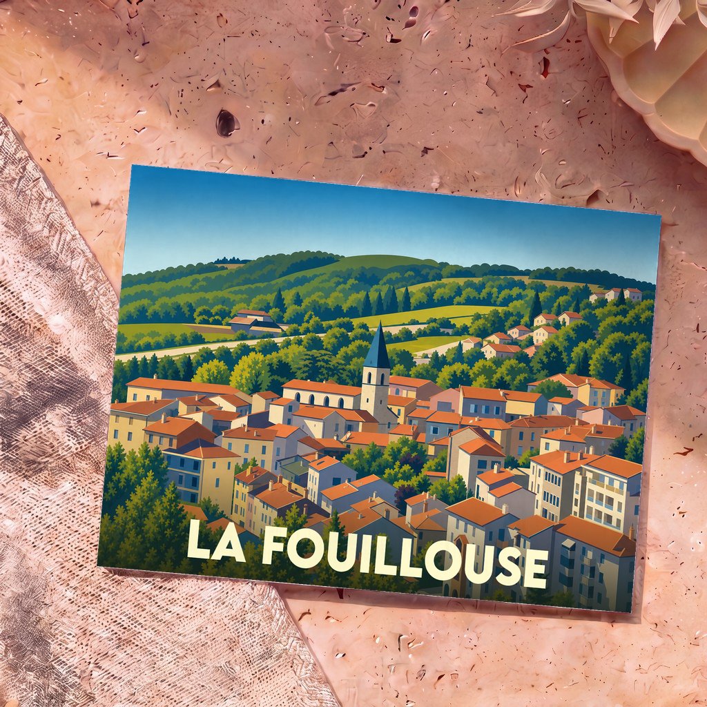 Carte postale souvenir de la ville de La Fouillouse avec une illustration stylisée d'un village vallonné.