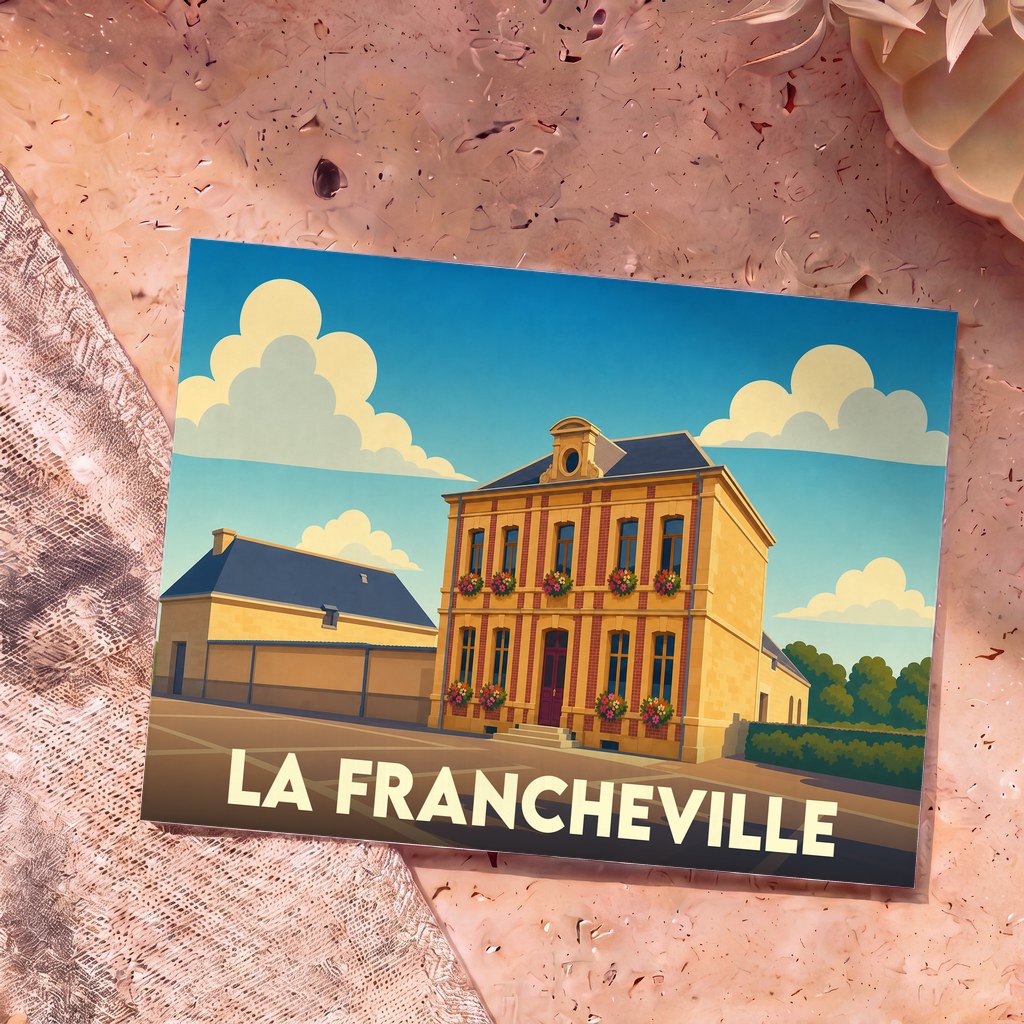 Carte postale souvenir de la ville de La Francheville avec une illustration stylisée de sa mairie fleurie.