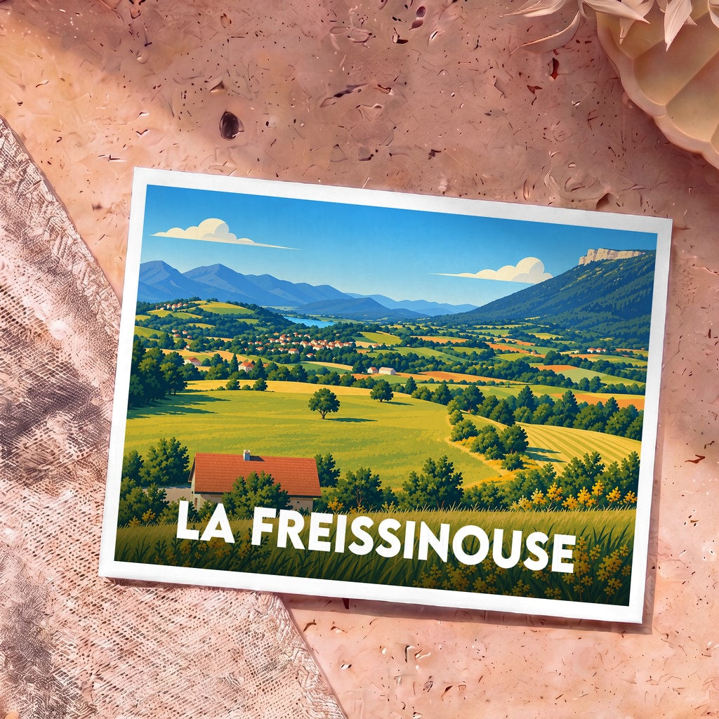 Carte postale souvenir de la ville de La Freissinouse avec une illustration stylisée d'un paysage de campagne vallonné.