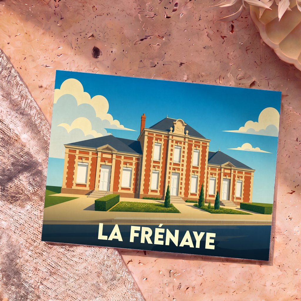 Carte postale souvenir de la ville de La Frénaye avec une illustration stylisée de sa mairie.