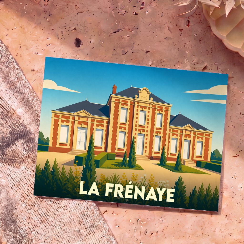 Carte postale souvenir de la ville de La Frénaye avec une illustration stylisée de sa mairie.