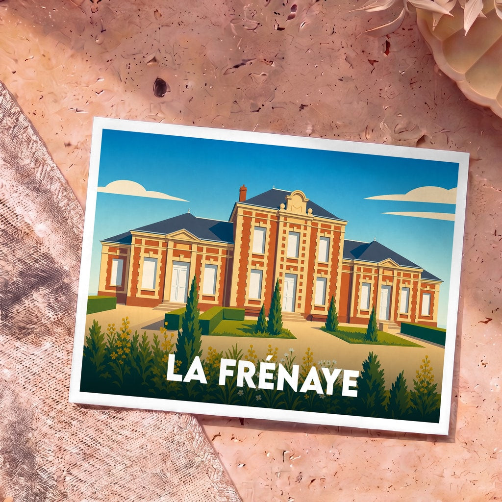 Carte postale souvenir de la ville de La Frénaye avec une illustration stylisée de sa mairie.
