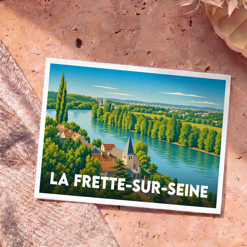 Carte postale souvenir de la ville de La Frette-sur-Seine avec une illustration stylisée d'un paysage de bord de Seine.