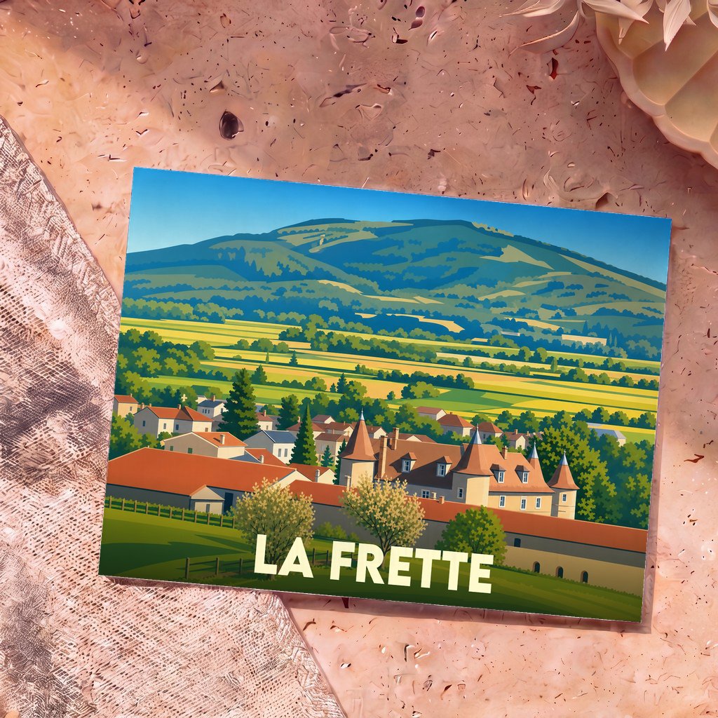 Carte postale souvenir de la ville de La Frette avec une illustration stylisée de son paysage et de son patrimoine.