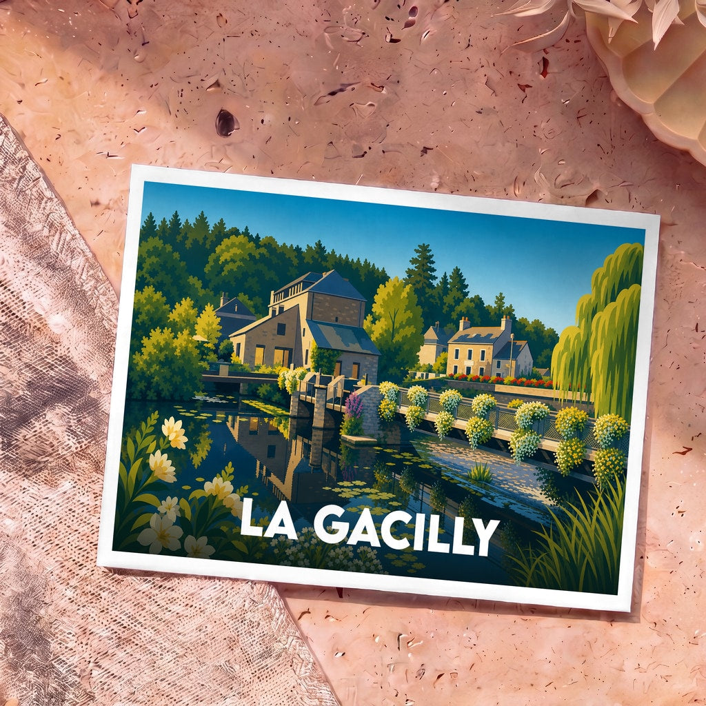 Carte postale souvenir de la ville de La Gacilly avec une illustration stylisée d'un village au bord de l'eau.