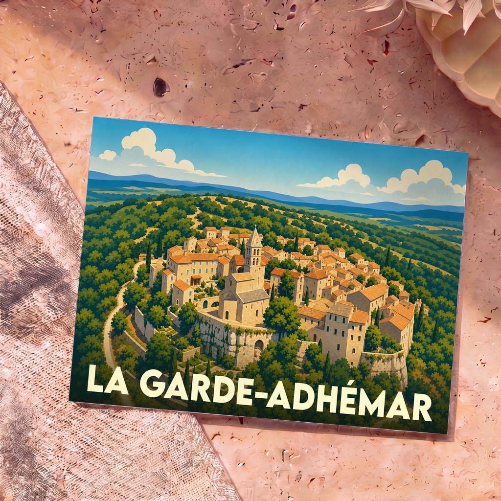 Carte postale souvenir de la ville de La Garde-Adhémar avec une illustration panoramique stylisée.