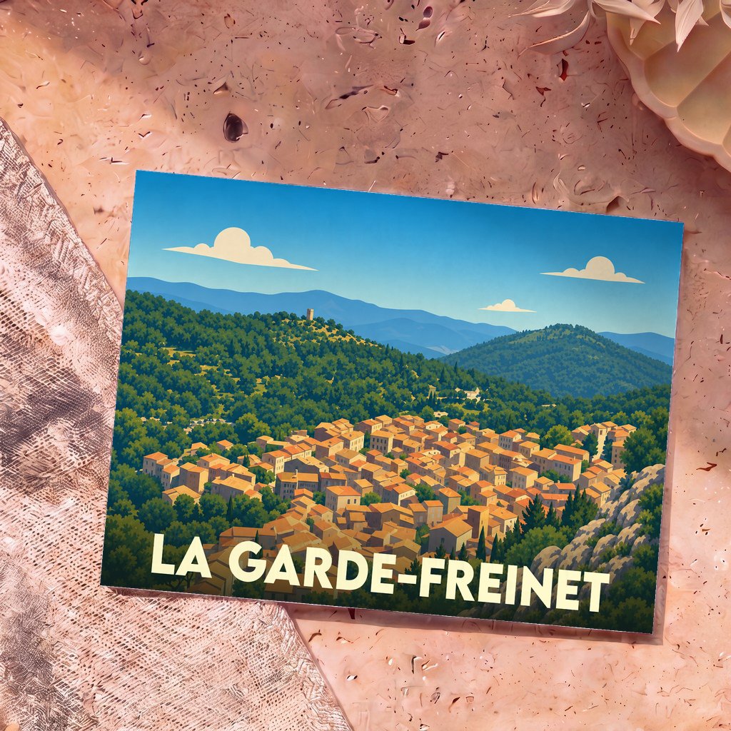 Carte postale souvenir de la ville de La Garde-Freinet avec une illustration stylisée d'un village provençal niché dans des collines boisées.