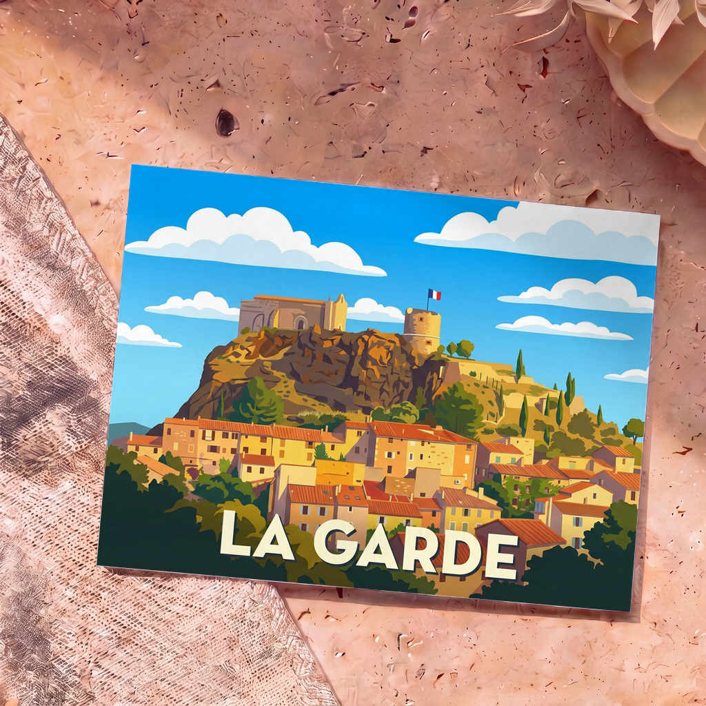 Carte postale souvenir de la ville de La Garde avec une illustration stylisée de son rocher et de sa vieille ville.