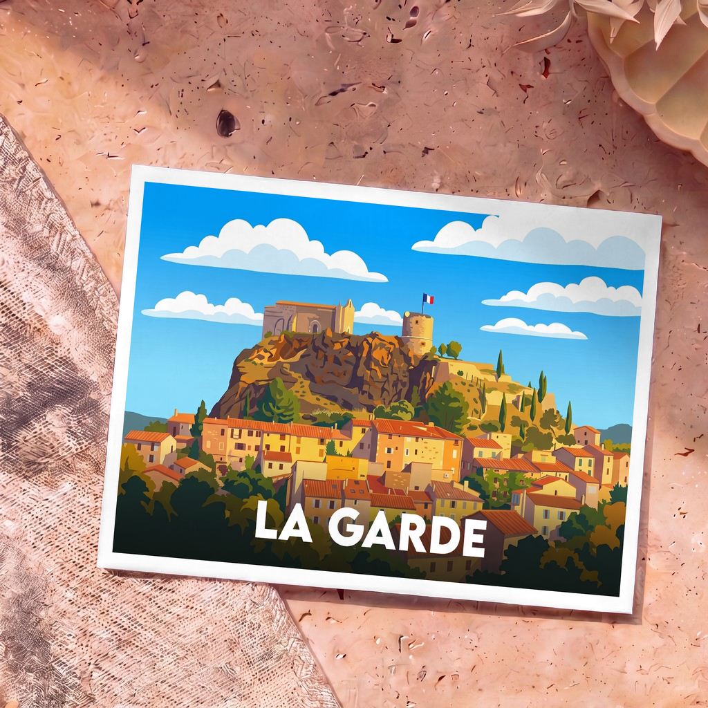 Carte postale souvenir de la ville de La Garde avec une illustration stylisée de son rocher et de sa vieille ville.
