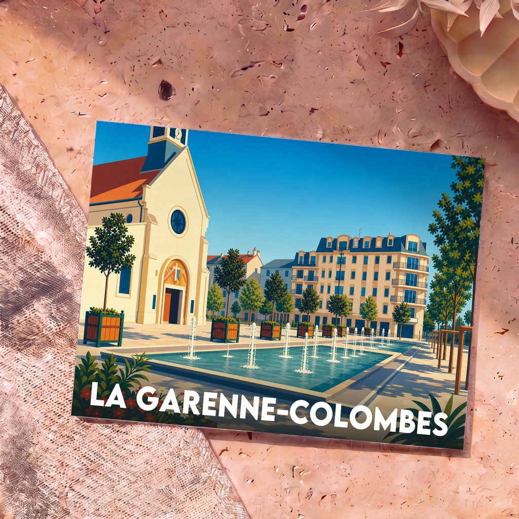 Carte postale souvenir de la ville de La Garenne-Colombes avec une illustration stylisée de sa place centrale.