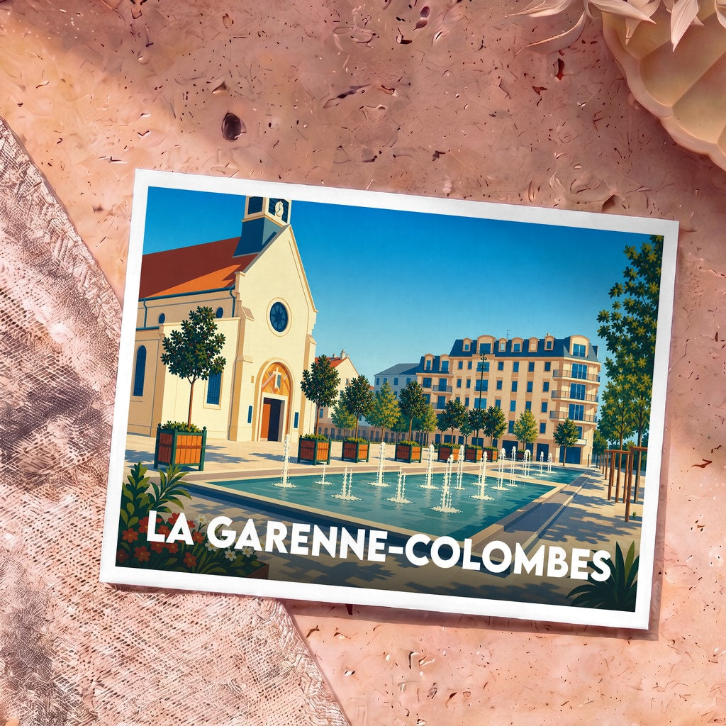 Carte postale souvenir de la ville de La Garenne-Colombes avec une illustration stylisée de sa place centrale.