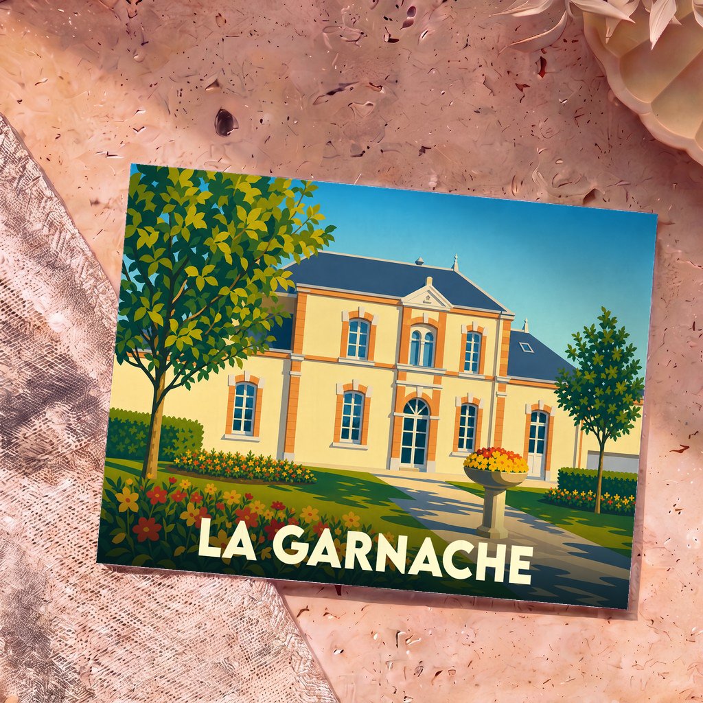 Carte postale souvenir de la ville de La Garnache représentant une bâtisse élégante dans un style graphique coloré.