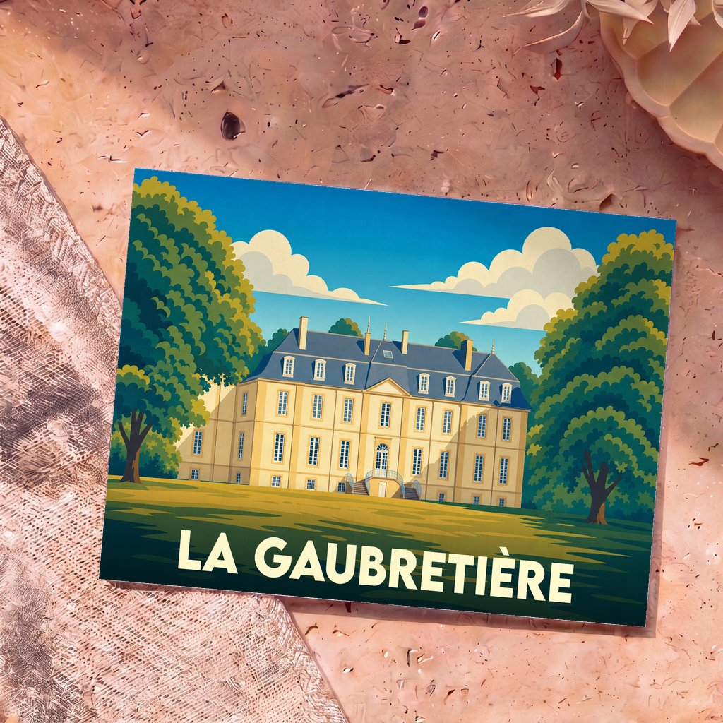 Carte postale souvenir de la ville de La Gaubretière illustrant un château stylisé entouré de grands arbres.