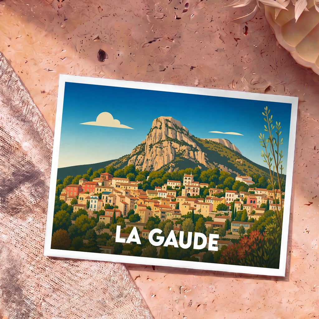Carte postale souvenir de la ville de La Gaude avec une illustration stylisée d'un village perché au pied d'une montagne.