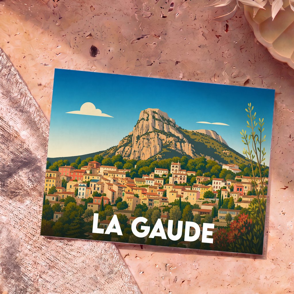 Carte postale souvenir de la ville de La Gaude avec une illustration stylisée d'un village perché au pied d'une montagne.