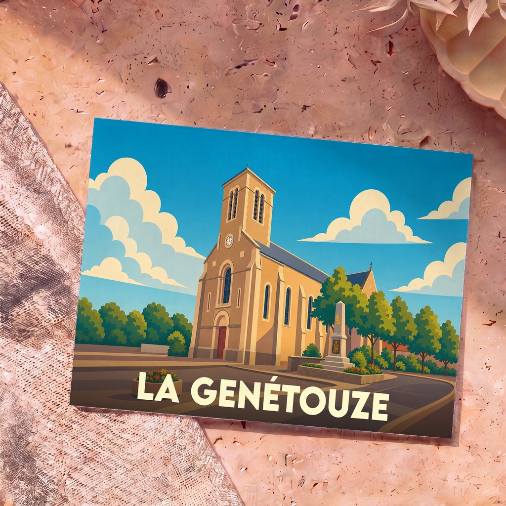 Carte postale souvenir de la ville de La Genétouze avec une illustration stylisée de son église.