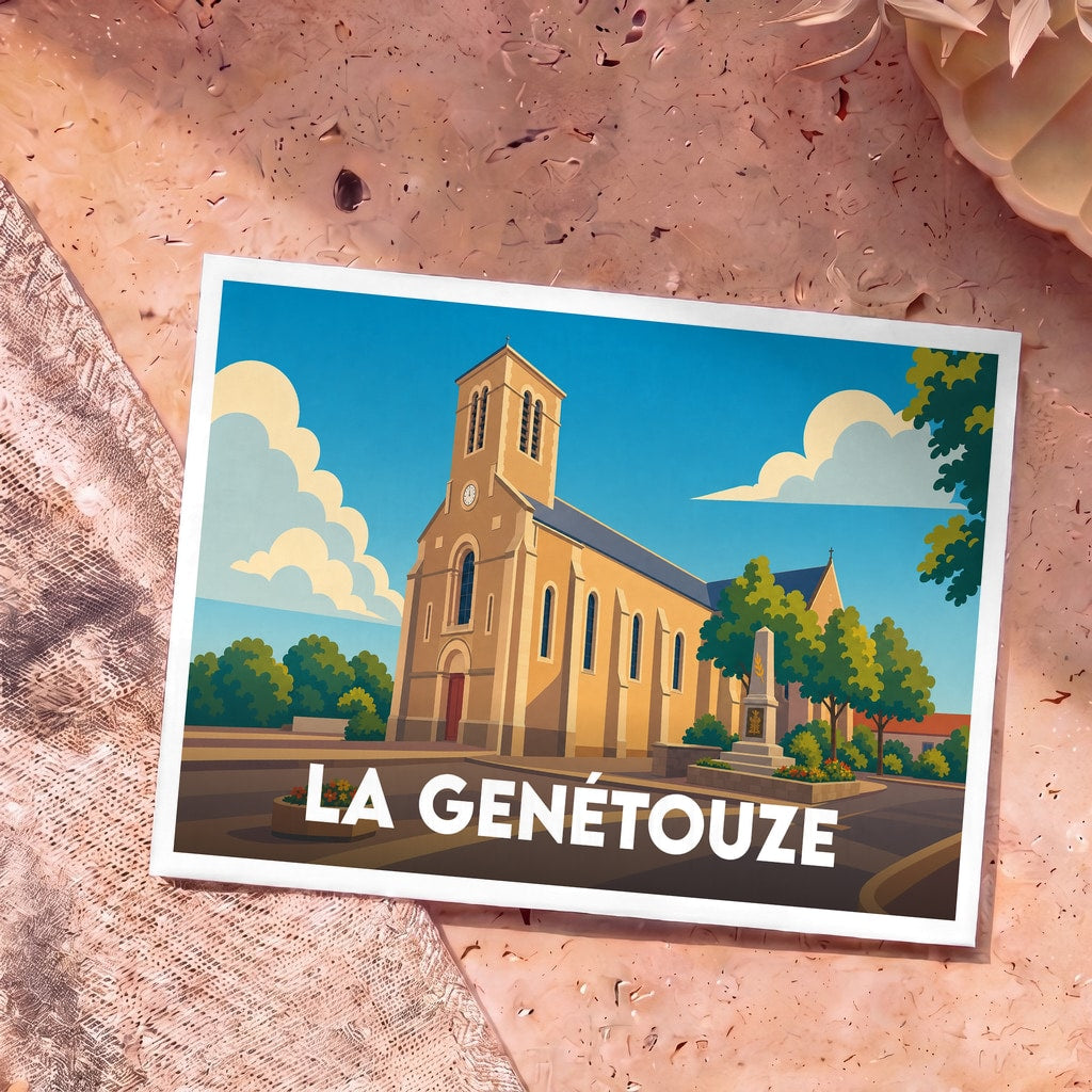 Carte postale souvenir de la ville de La Genétouze avec une illustration stylisée de son église.