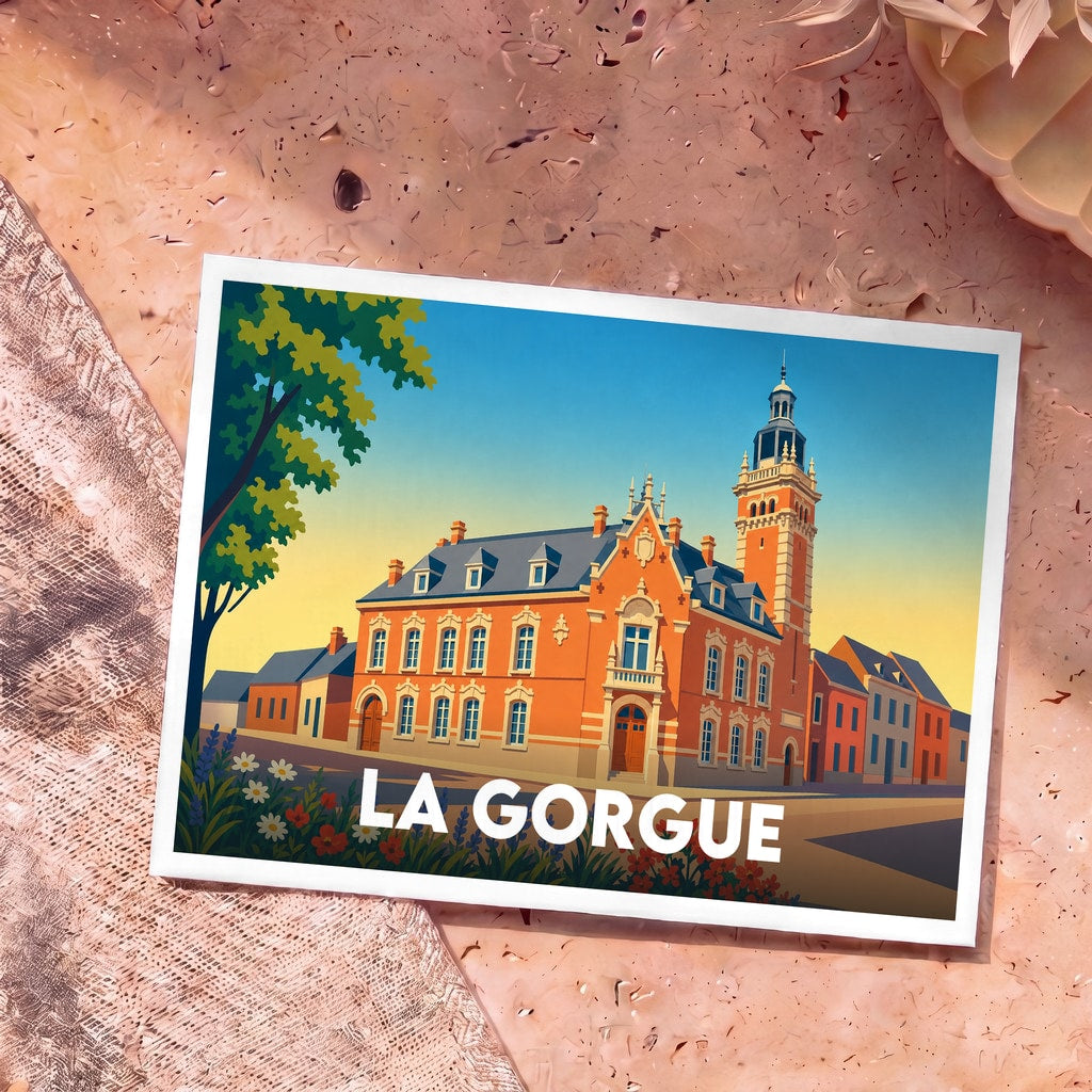 Carte postale souvenir de la ville de La Gorgue avec une illustration stylisée de son hôtel de ville.