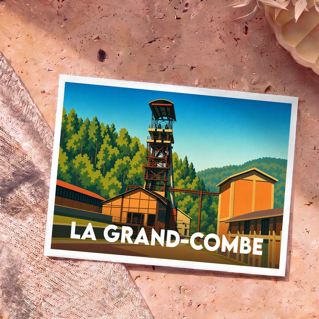 Carte postale souvenir de la ville de La Grand-Combe avec une illustration stylisée de son patrimoine minier.