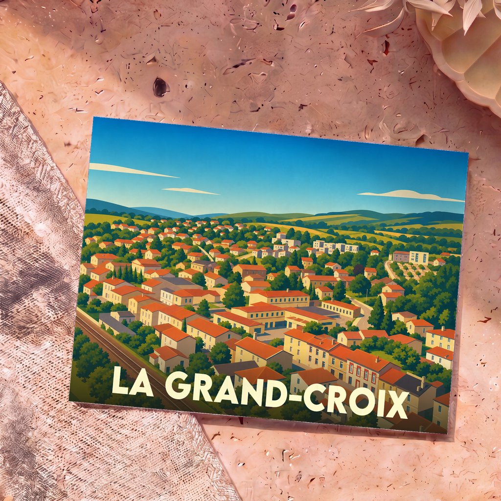 Carte postale souvenir de la ville de La Grand-Croix avec une illustration panoramique stylisée.