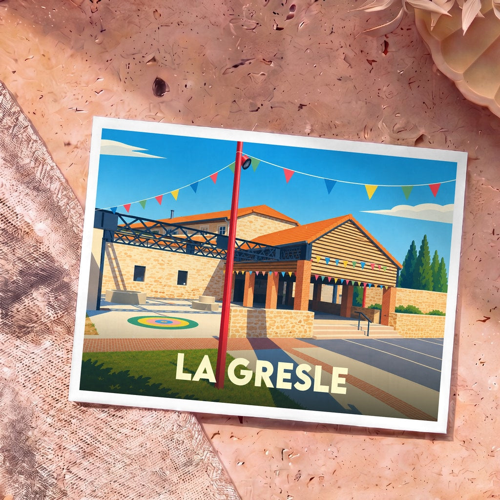 Carte postale souvenir de la ville de La Gresle avec une illustration stylisée d'un bâtiment en pierre sous un ciel bleu.