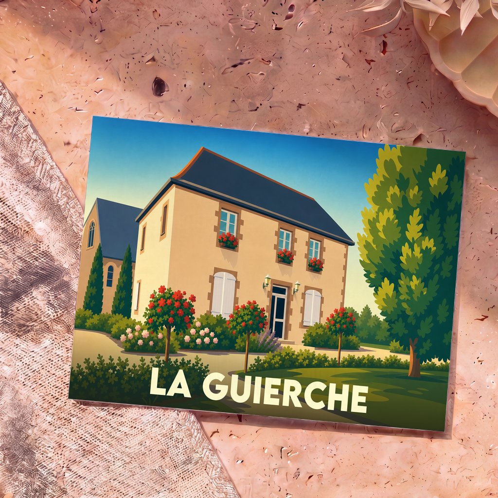 Carte postale souvenir de la ville de La Guierche avec une illustration stylisée d'une maison fleurie.
