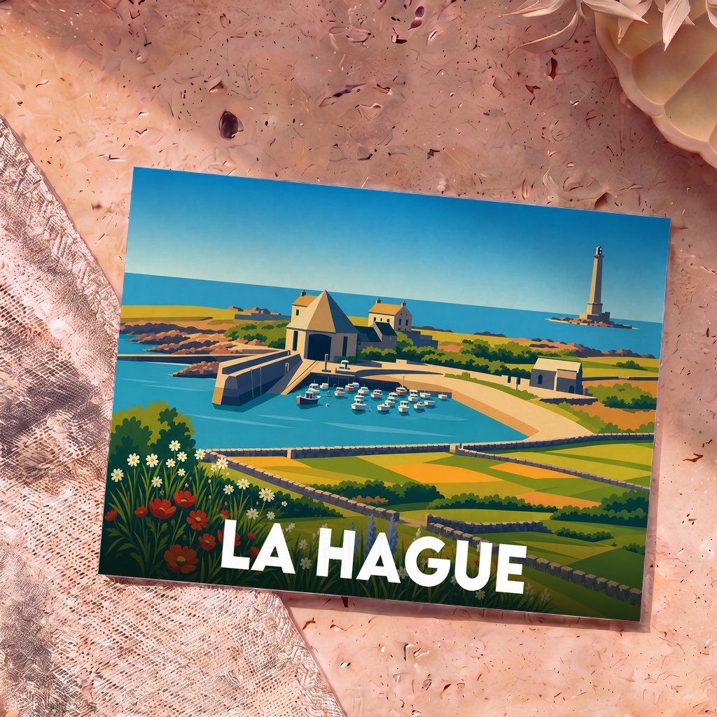 Carte postale souvenir de la ville de La Hague avec une illustration stylisée de son littoral et de son phare.