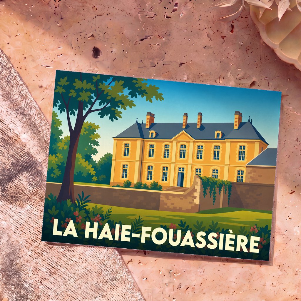 Carte postale souvenir de la ville de La Haie-Fouassière illustrant un château de style classique sous un ciel bleu.