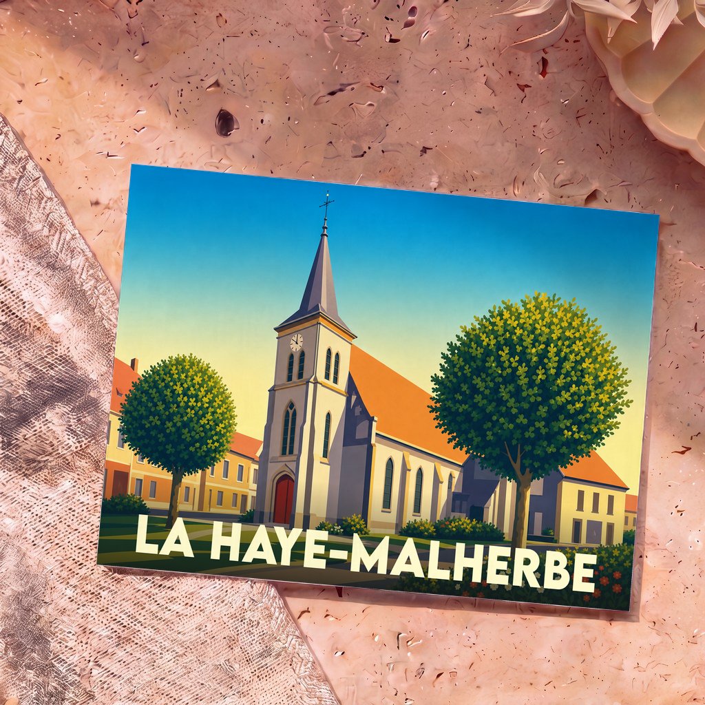 Carte postale souvenir de la ville de La Haye-Malherbe avec une illustration stylisée de son église.