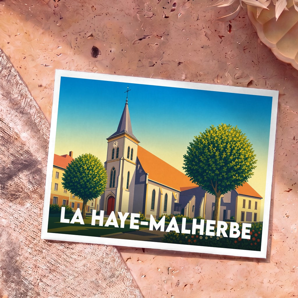Carte postale souvenir de la ville de La Haye-Malherbe avec une illustration stylisée de son église.