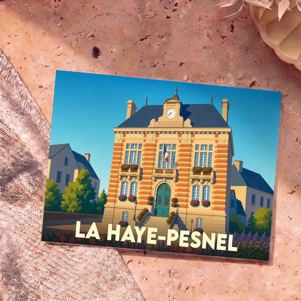 Carte postale souvenir de la ville de La Haye-Pesnel avec une illustration stylisée de son hôtel de ville.