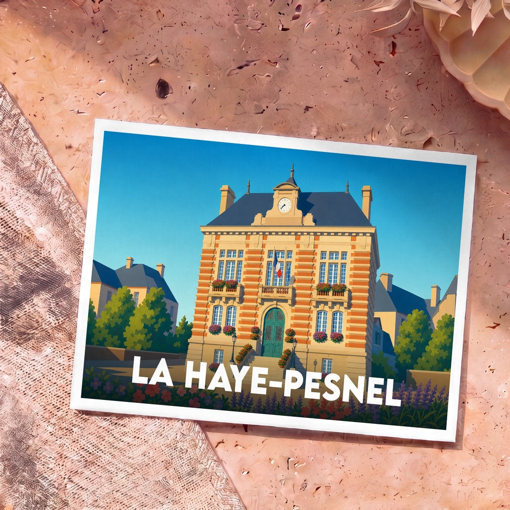 Carte postale souvenir de la ville de La Haye-Pesnel avec une illustration stylisée de son hôtel de ville.