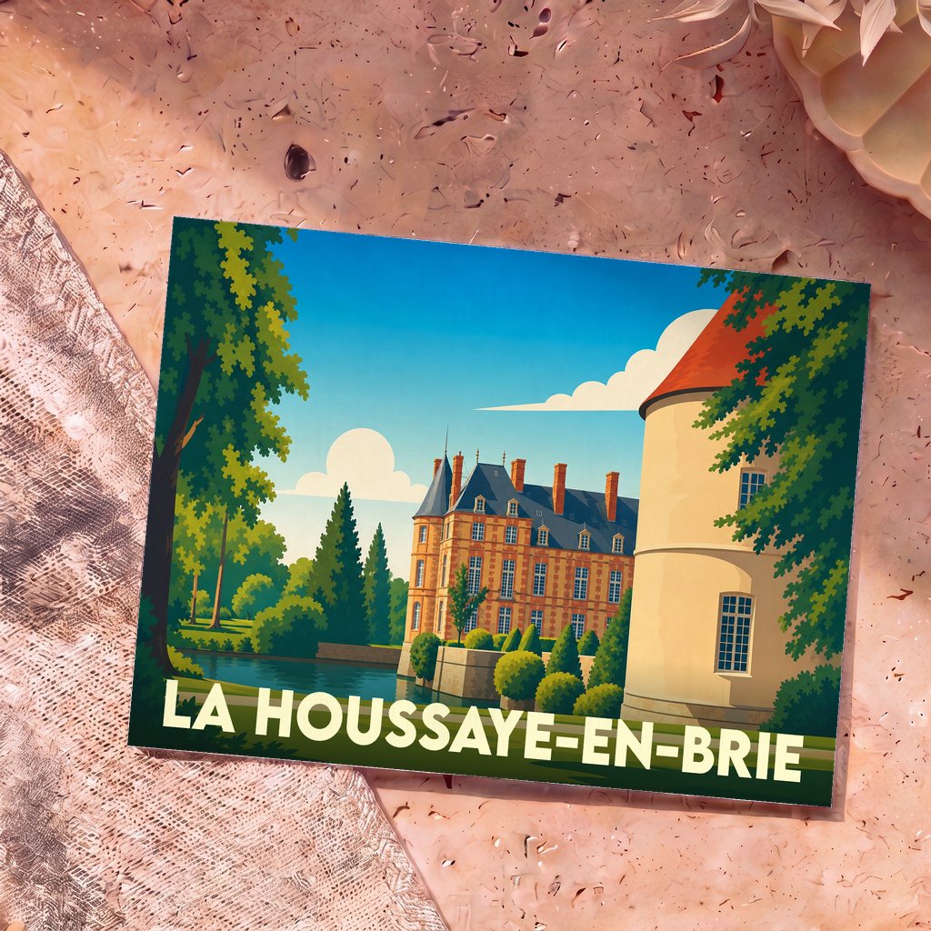 Carte postale souvenir de la ville de La Houssaye-en-Brie avec une illustration stylisée de son château.