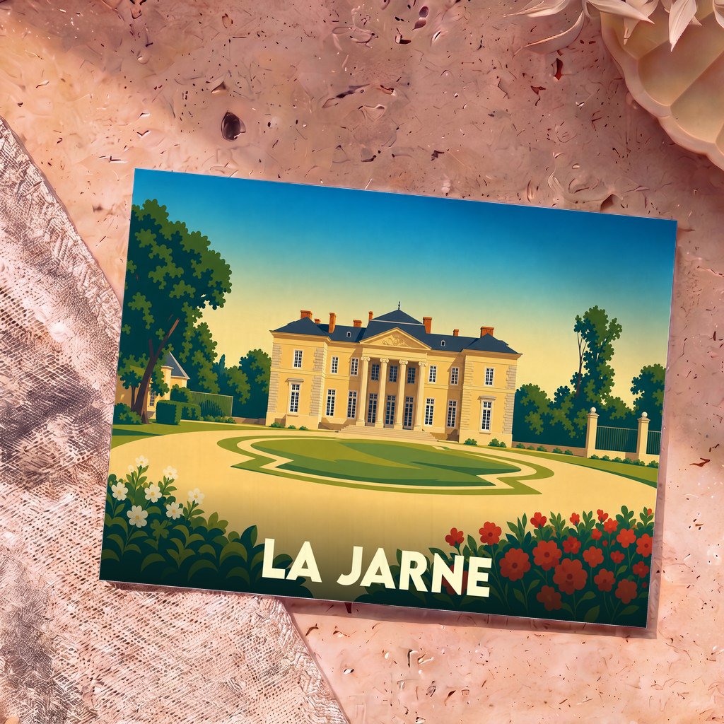 Carte postale souvenir de la ville de La Jarne illustrant un château majestueux dans un style graphique épuré.