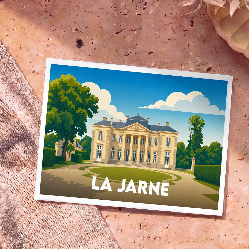Carte postale souvenir de la ville de La Jarne illustrant un château majestueux dans un style graphique épuré.