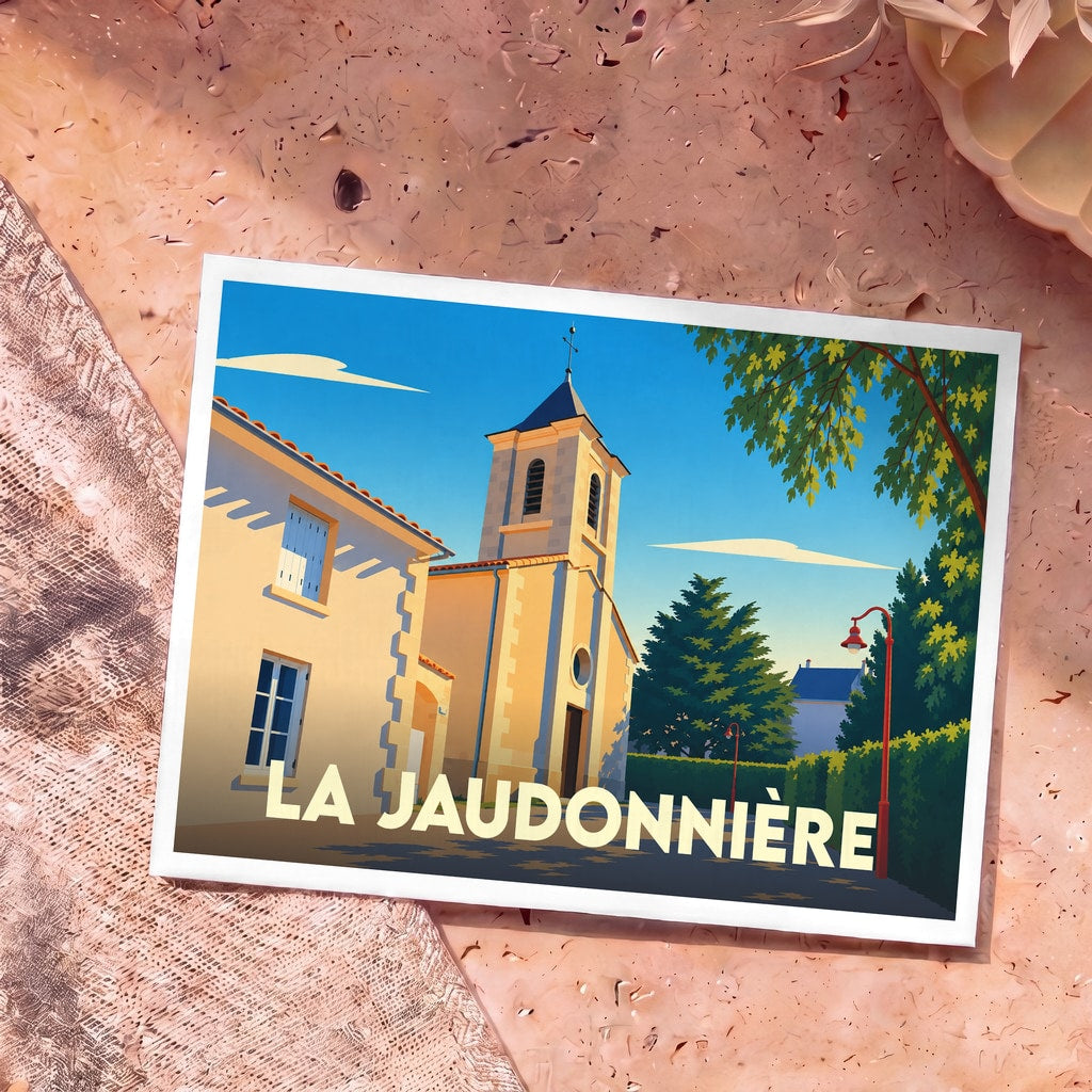 Carte postale souvenir de la ville de La Jaudonnière avec une illustration stylisée.