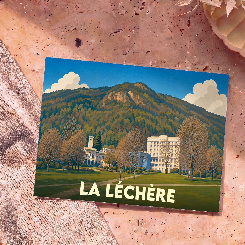 Carte postale souvenir de la ville de La Léchère avec une illustration stylisée d'un paysage de montagne.