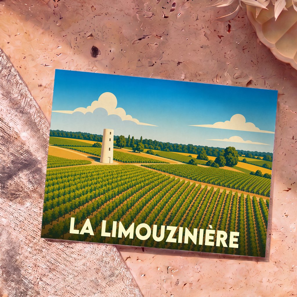 Carte postale souvenir de la ville de La Limouzinière avec une illustration stylisée de vignobles et d'une tour blanche.