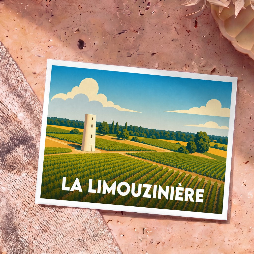 Carte postale souvenir de la ville de La Limouzinière avec une illustration stylisée de vignobles et d'une tour blanche.