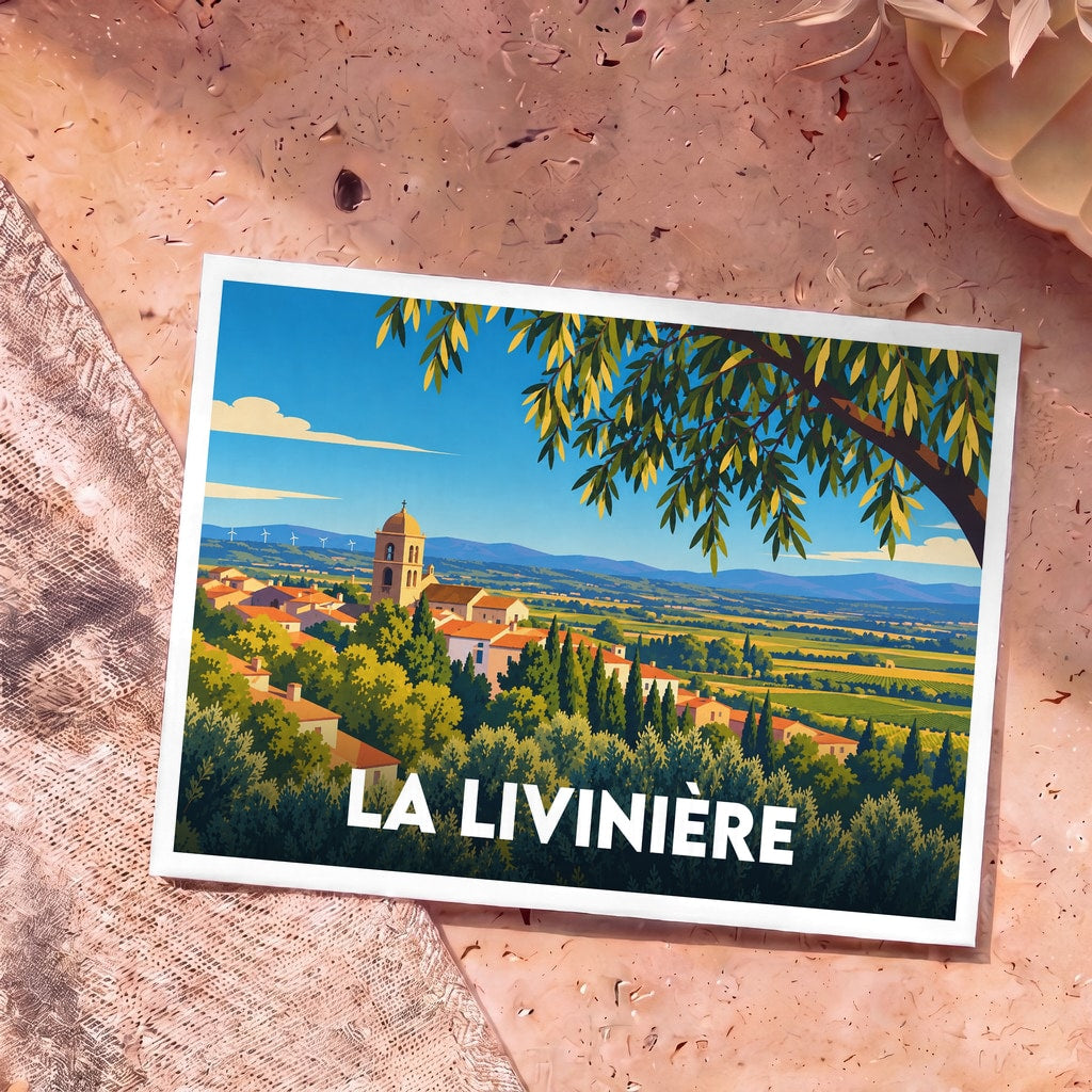 Carte postale souvenir de la ville de La Livinière avec une illustration stylisée de son paysage vallonné.