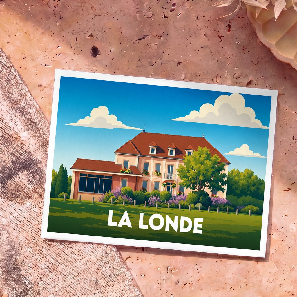 Carte postale souvenir de la ville de La Londe avec une illustration stylisée d'une grande demeure provençale.