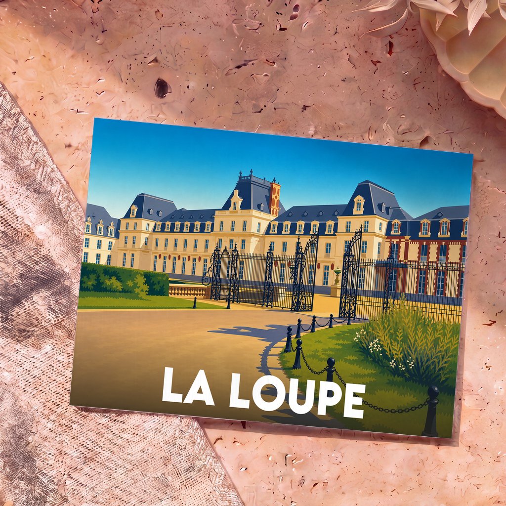 Carte postale souvenir de la ville de La Loupe illustrant son château avec un style graphique coloré.