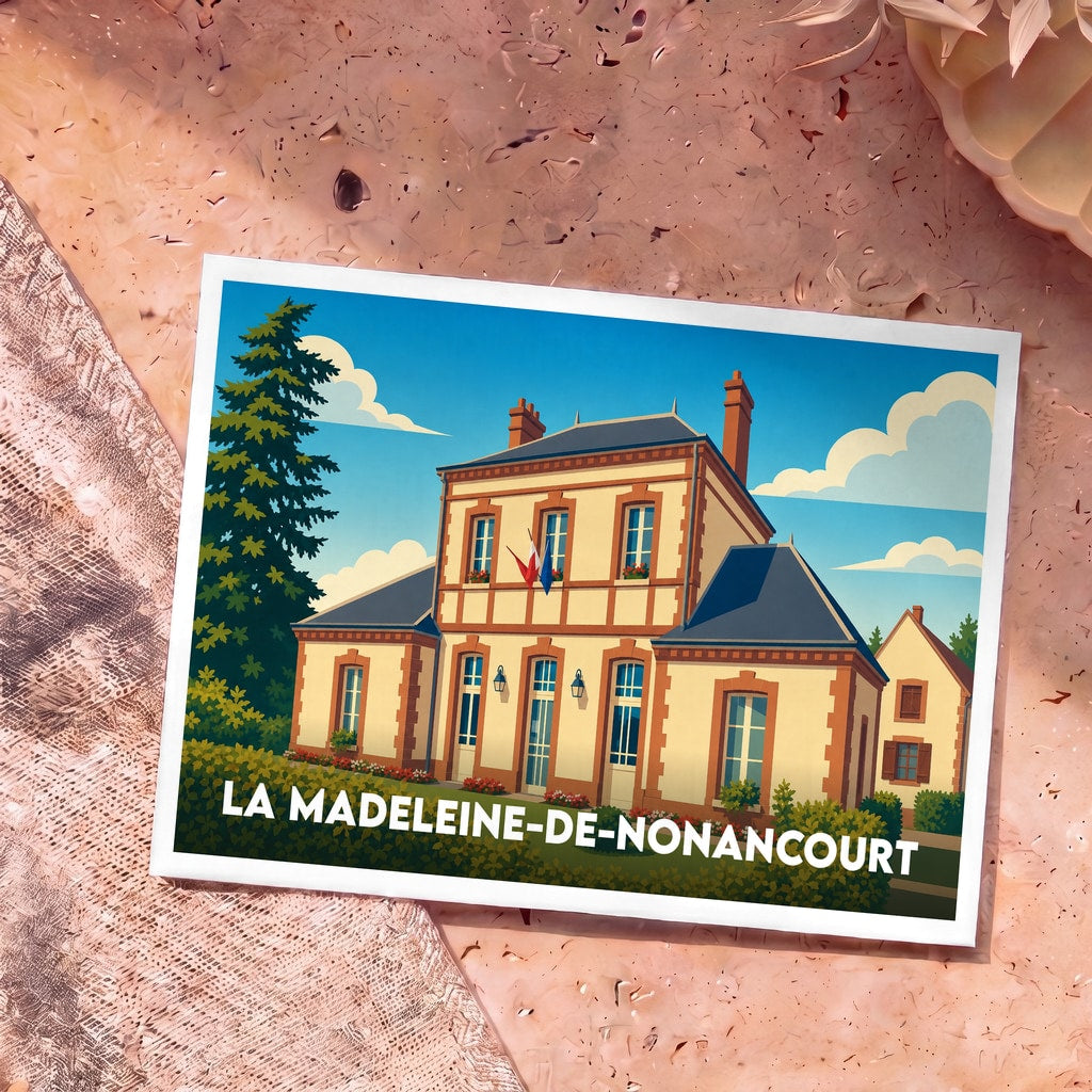 Carte postale souvenir de La Madeleine-de-Nonancourt illustrant l'hôtel de ville dans un style graphique épuré.