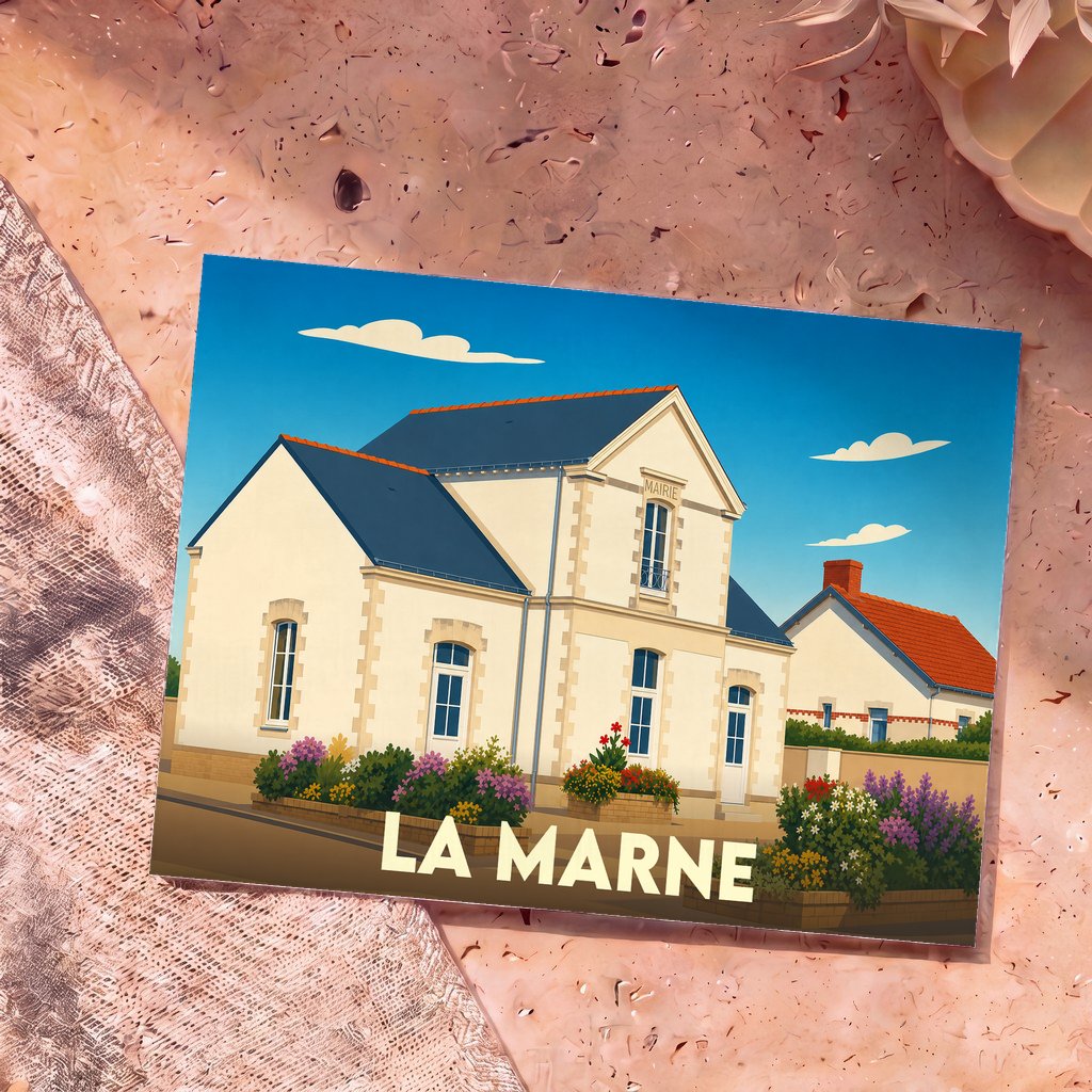Carte postale souvenir de la ville de La Marne avec une illustration stylisée de la mairie.