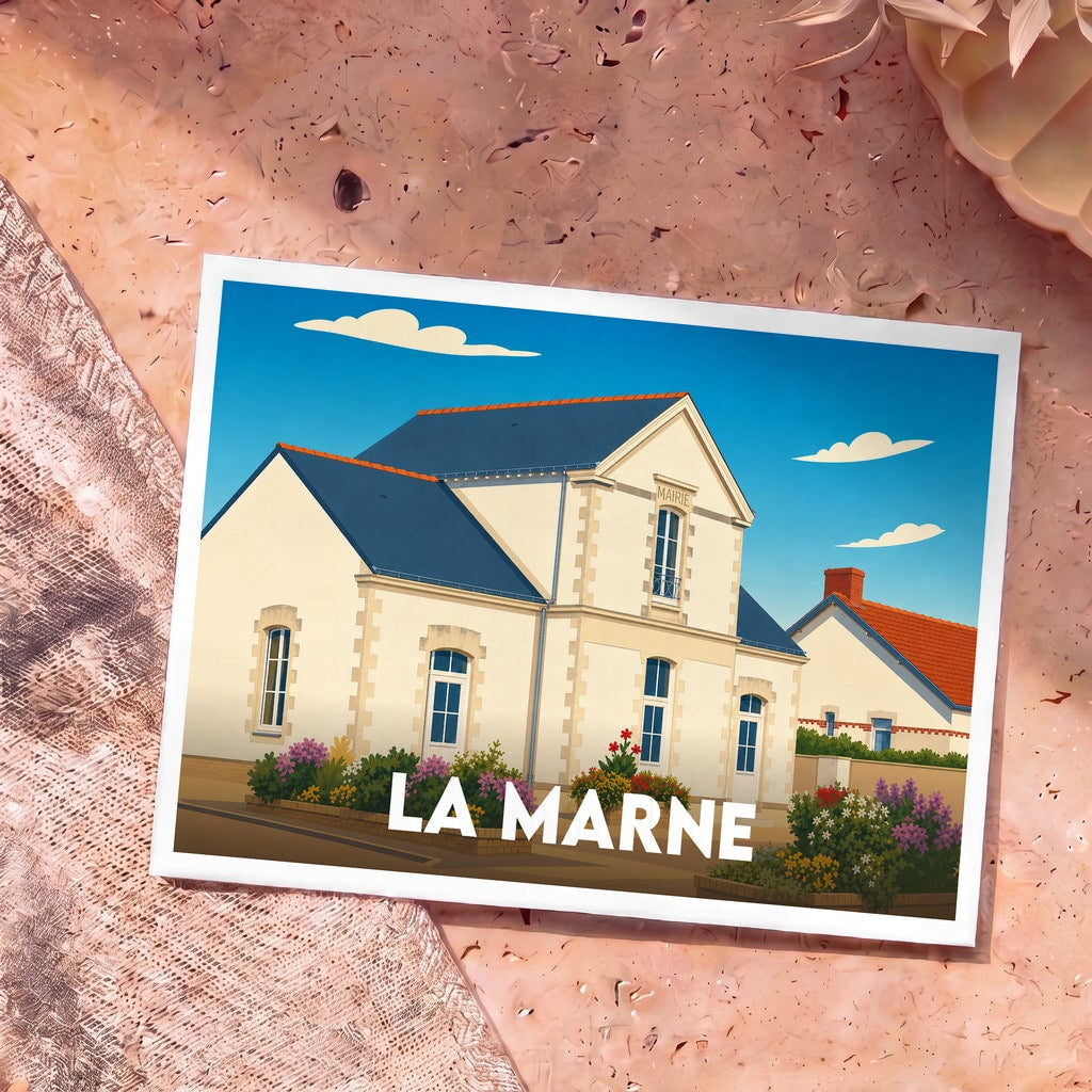 Carte postale souvenir de la ville de La Marne avec une illustration stylisée de la mairie.