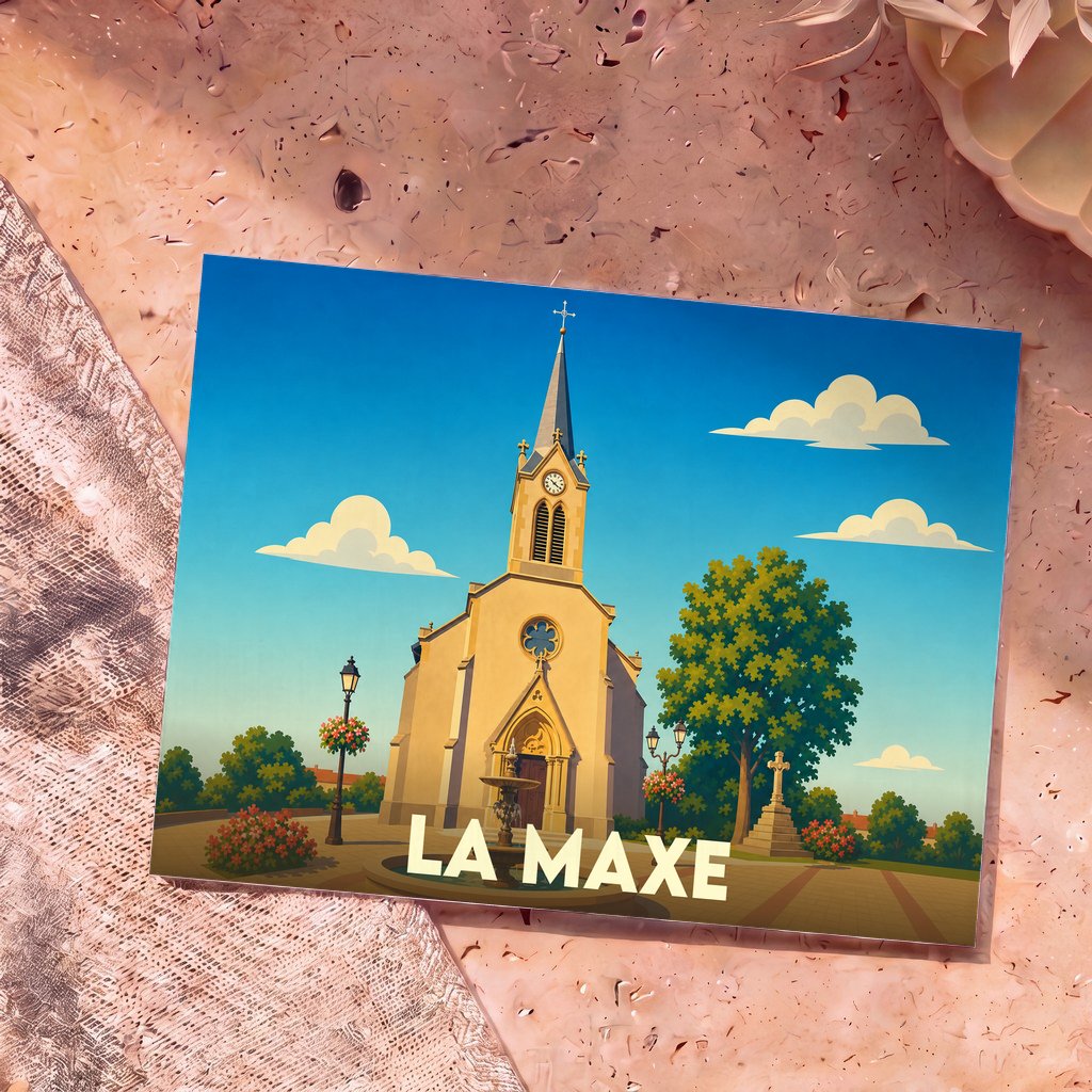 Carte postale souvenir de la ville de La Maxe avec une illustration stylisée de son église.